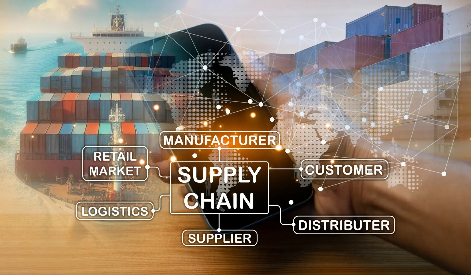 Container ship with a supply chain diagram linking manufacturer, supplier, logistics, distributor and customer