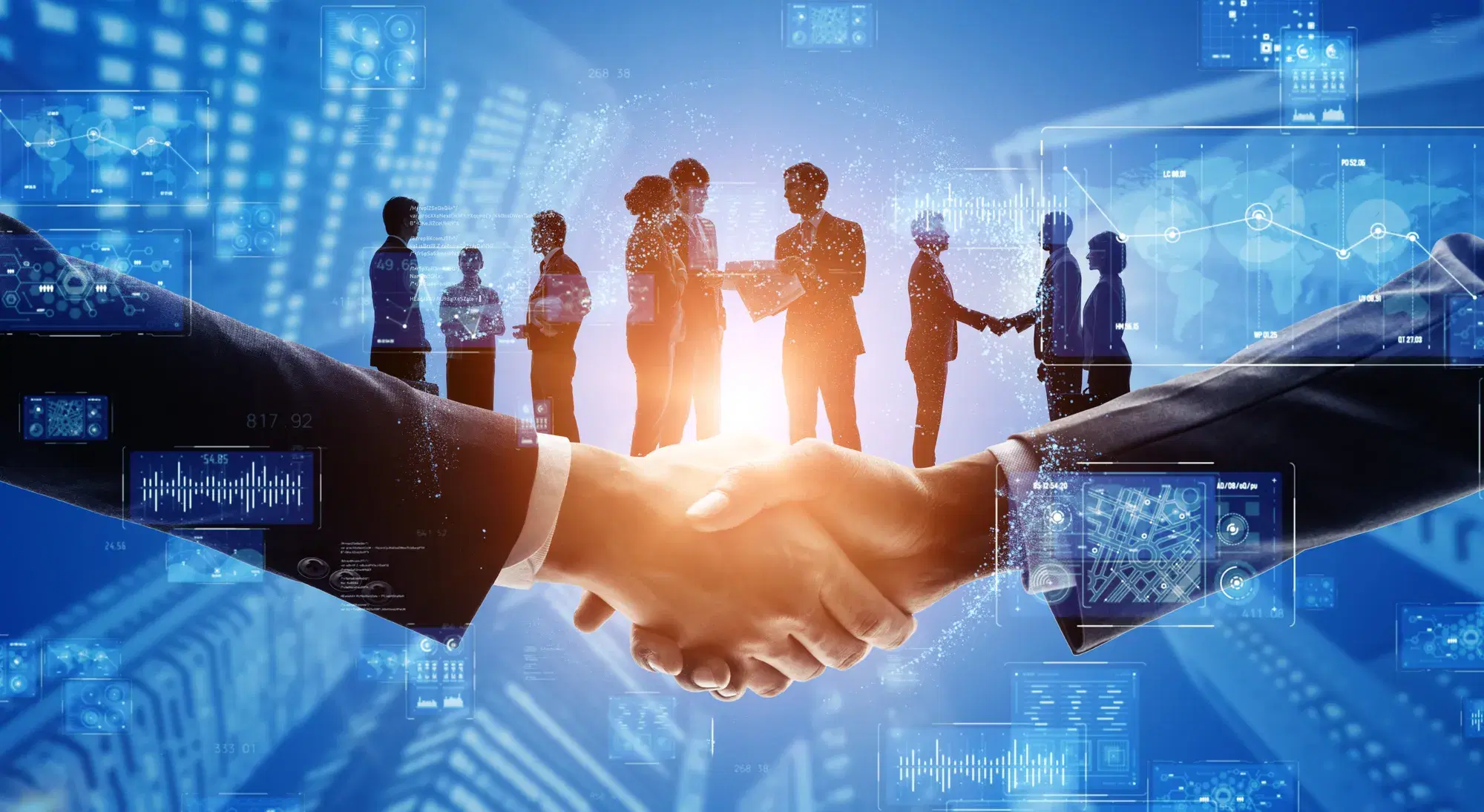 Business handshake in front of a team, over a digital network graphic